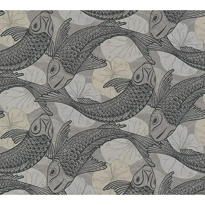 A.S. Création Metropolitan Stories II Vliestapete Koi - Grau/Creme, Tieroptik, 10,05 x 0,53 m - Ein wiederholendes Muster von stilisierten grauen Fischen und Seerosenblättern, das eine ruhige und elegante Textur erzeugt.