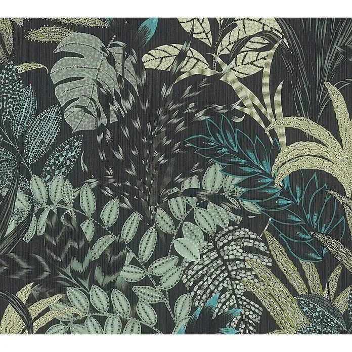 A.S. Création Metropolitan Stories II Vliestapete Blätter - Schwarz, Floral, 10,05 x 0,53 m - Elegantes Dschungel-Muster Tapete mit tropischen Blättern in dunklen Tönen, ideal für eine stilvolle Wandgestaltung.