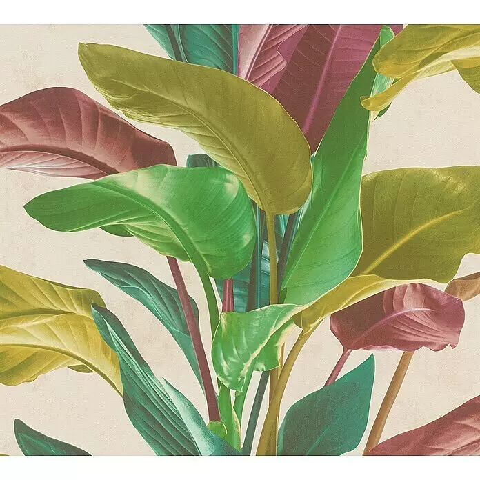 A.S. Création Metropolitan Stories II Vliestapete Blätter - Bunt, Floral, 10,05 x 0,53 m - Botanisches Muster mit großen tropischen Blättern in Grün-, Oliv- und Rotvioletttönen.