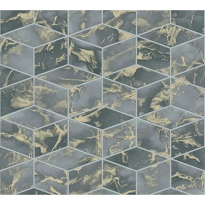 A.S. Création Metropolitan Stories II Vliestapete Marmor - Grau/Gold, 3D-Optik, 10,05 x 0,53 m - Elegantes graues und goldenes Würfelmuster-Tapetendesign.