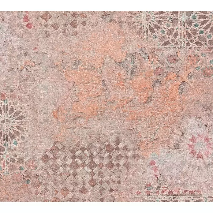 A.S. Création Metropolitan Stories II Vliestapete Fliese Vintage - Rosa, Fliesenoptik, 10,05 x 0,53 m - Texturierte Fliese in gedecktem Pfirsich und Grau mit gealterten geometrischen und floralen Mustern.