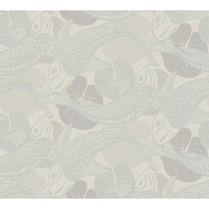 A.S. Création Metropolitan Stories II Vliestapete Koi - Weiß/Silber, Tieroptik, 10,05 x 0,53 m - Elegantes Tapetenmuster mit Koi-Karpfen und Seerosenblättern in zarten Grautönen, ideal für eine ruhige und stilvolle Raumgestaltung.