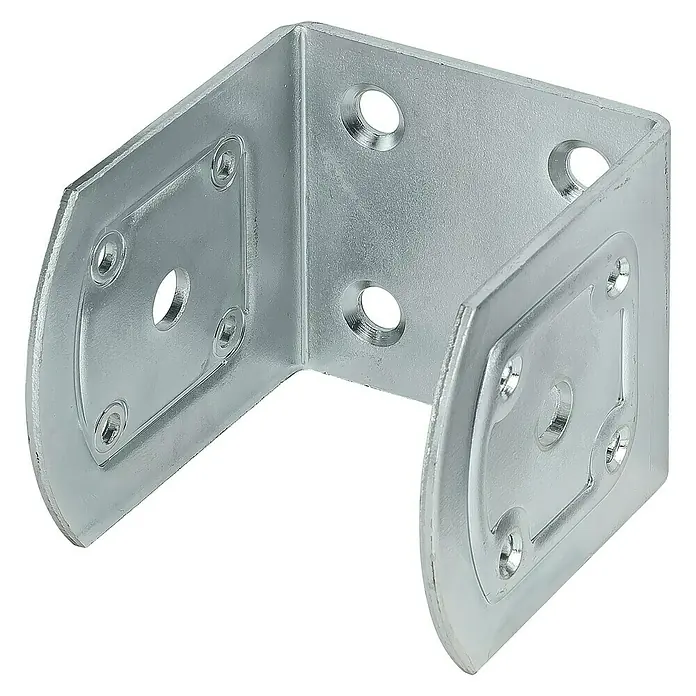 Stabilit Trennwandhalter - L x B x H: 91 x 90 x 90 mm, Verzinkt - Ein silberner, rechtwinkliger Metallverbinder mit mehreren Löchern zur Befestigung. Ideal für stabile Eckverbindungen im Bau- und Heimwerkerbereich.