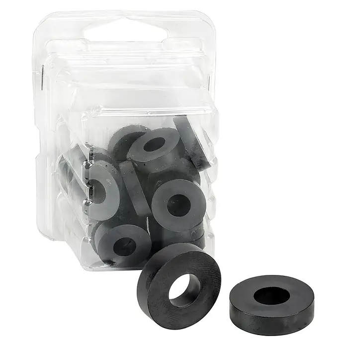 Vormann Distanzscheibe - 20 Stk., Durchmesser: 8,5 mm - 20 mm, Stärke: 5 mm, Schwarz - Eine Packung schwarzer Unterlegscheiben in einer durchsichtigen Plastikverpackung, die zur einfachen Lagerung aufgehängt werden kann.