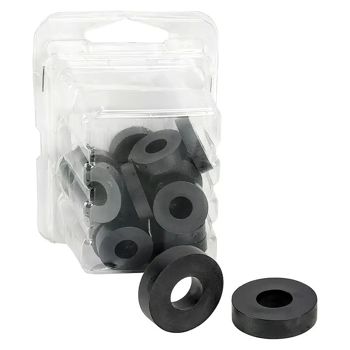 Vormann Abstandhalter10 Stk., Durchmesser: 8,5 mm - 20 mm, Stärke: 20 mm, Schwarz - Eine Packung schwarzer Unterlegscheiben in einer durchsichtigen Plastikverpackung, die zur einfachen Lagerung aufgehängt werden kann.