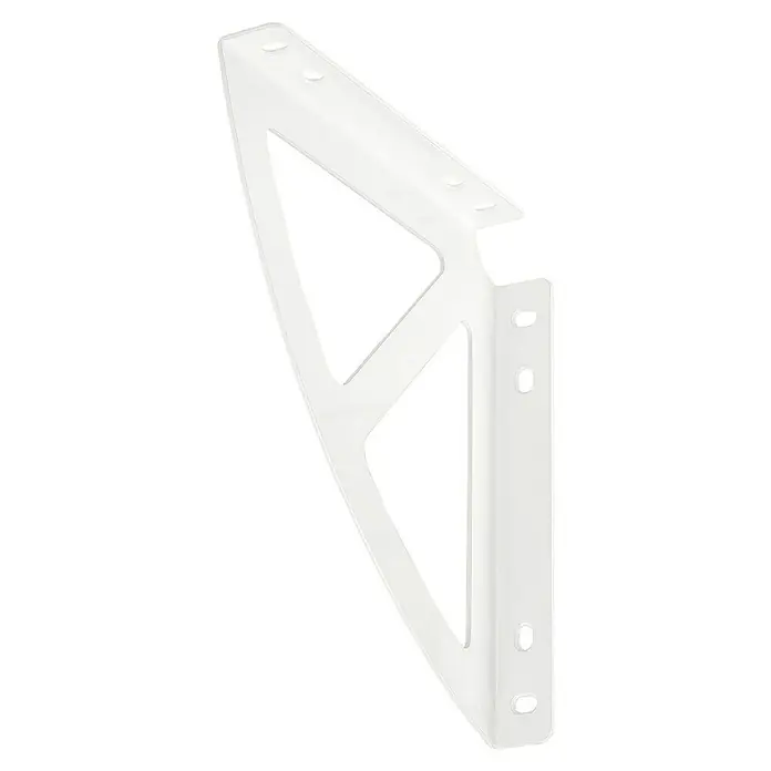 Vormann SystemkonsoleL x B x H: 200 x 25 x 200 mm, Weiß, Belastbarkeit: 70 kg - Nahaufnahme einer weißen Regalhalterung mit dreieckiger Verstrebung und Befestigungslöchern, ideal für moderne Regalsysteme.
