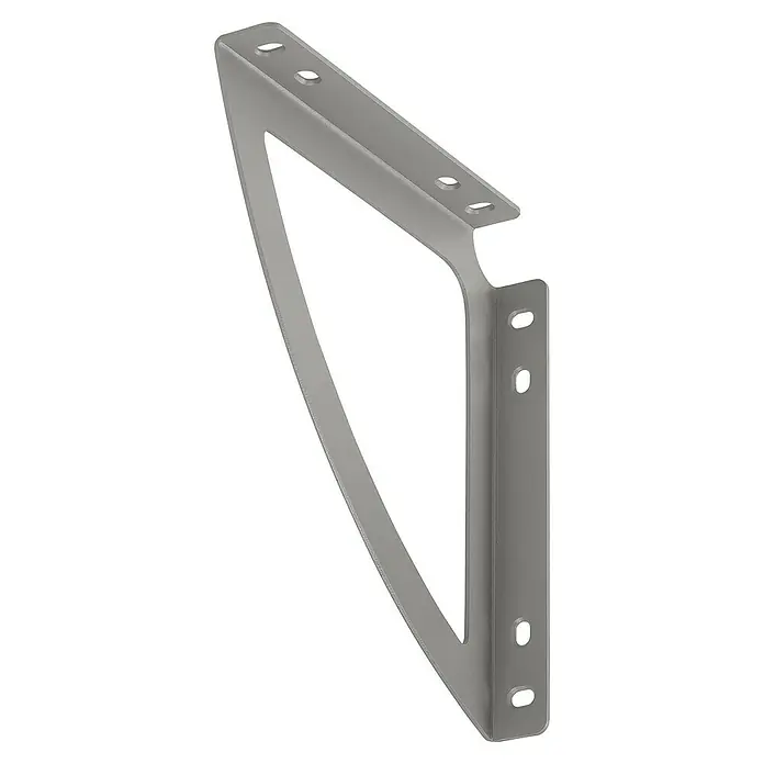 Vormann Systemkonsole - L x B x H: 143 x 23 x 143 mm, Stahlmatt, Belastbarkeit: 60 kg - Eine Nahaufnahme einer grauen Regalhalterung mit Bohrlöchern, die für die Montage von Regalen konzipiert ist und Stabilität bietet.