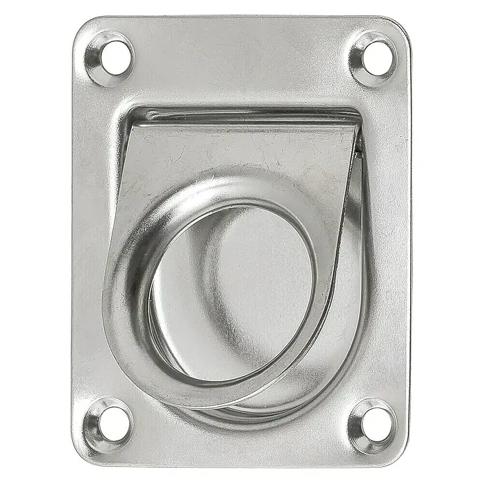 Stabilit Einlass-Kistengriff - Edelstahl - Detailaufnahme einer versenkten Ankerschiene aus Metall mit rechteckiger Platte und Ring. Ideal für die Ladungssicherung.