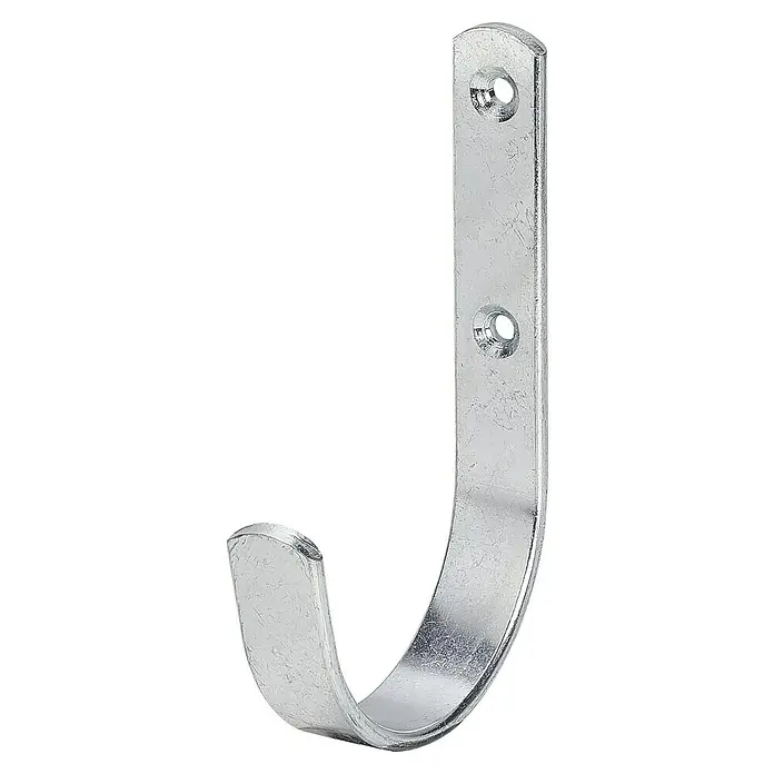 Stabilit Universalhaken - 12 x 6 x 1,7 cm - Nahaufnahme eines verzinkten J-Haken mit zwei Befestigungslöchern zur Wandmontage, ideal zur Aufbewahrung und Organisation in Garage oder Werkstatt.