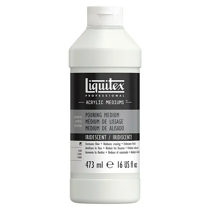 Liquitex Professional Gießmedium Irisierend - 473 ml, Transparent - Ein Behälter Liquitex Acrylic Pouring Medium, das die Fließeigenschaften von Farben verbessert und einen schillernden Effekt verleiht.