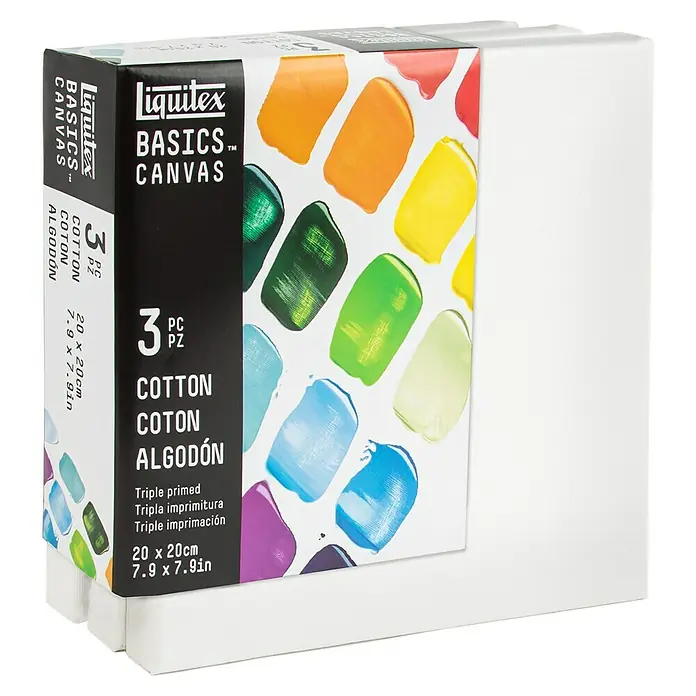 Liquitex Basics Keilrahmen CNV - 20 x 20 x 1,8 cm, Baumwolle, 3-fach grundiert - Eine Packung Liquitex Basics Leinwände mit drei grundierten Baumwoll-Leinwänden im Format 20 x 20 cm, ideal für Acryl- und Ölmalerei.