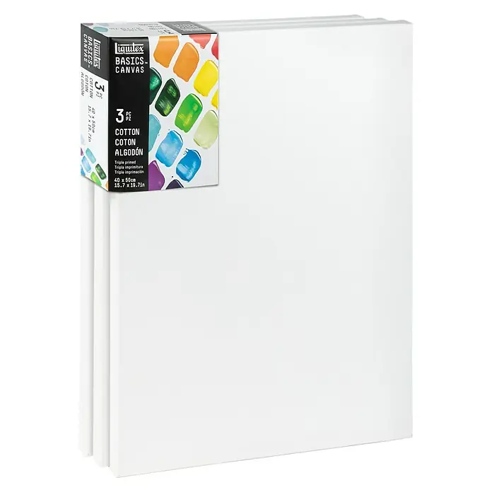 Liquitex Basics Keilrahmen CNV - 50 x 40 x 1,8 cm, Baumwolle, 3-fach grundiert - Nahaufnahme von drei Liquitex Basics Leinwänden, ideal für Künstlerbedarf und Malprojekte.