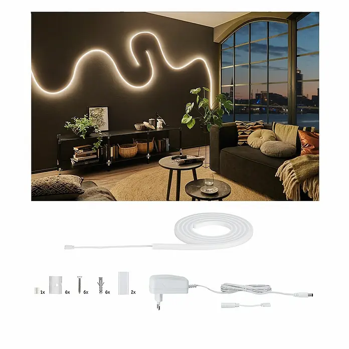 Paulmann MaxLED LED-Band Flow Basisset - Länge: 1,5 m - Wohnzimmer mit Neon-Flex-Streifen an der Wand und Zubehör, das die einfache Installation des Produkts hervorhebt.