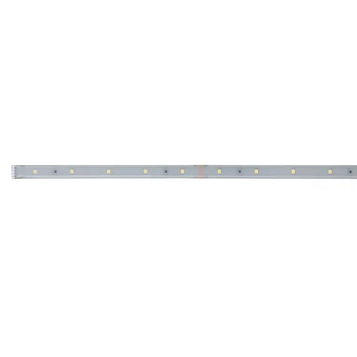 Paulmann MaxLED 250 LED-Band beschichtet - L x H: 1 m x 3 mm, Silber - Nahaufnahme einer LED-Leuchtstoffröhre auf schwarzem Hintergrund. Ideal für moderne Beleuchtungskonzepte.