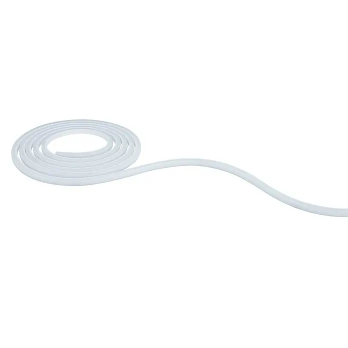 Paulmann MaxLED LED-Band Flow Warmweiß Basisset - Länge: 3 m - Nahaufnahme eines weißen flexiblen LED-Streifens, der in einer Spule auf einer schwarzen Oberfläche liegt.