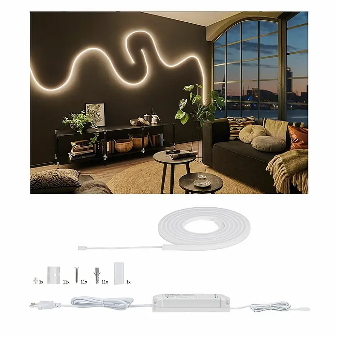 Paulmann MaxLED LED-Band Flow Warmweiß Basisset - Länge: 3 m - Neon LED Lichtschlauch zur Wandmontage als Gestaltungselement, inklusive Zubehör zur Installation.