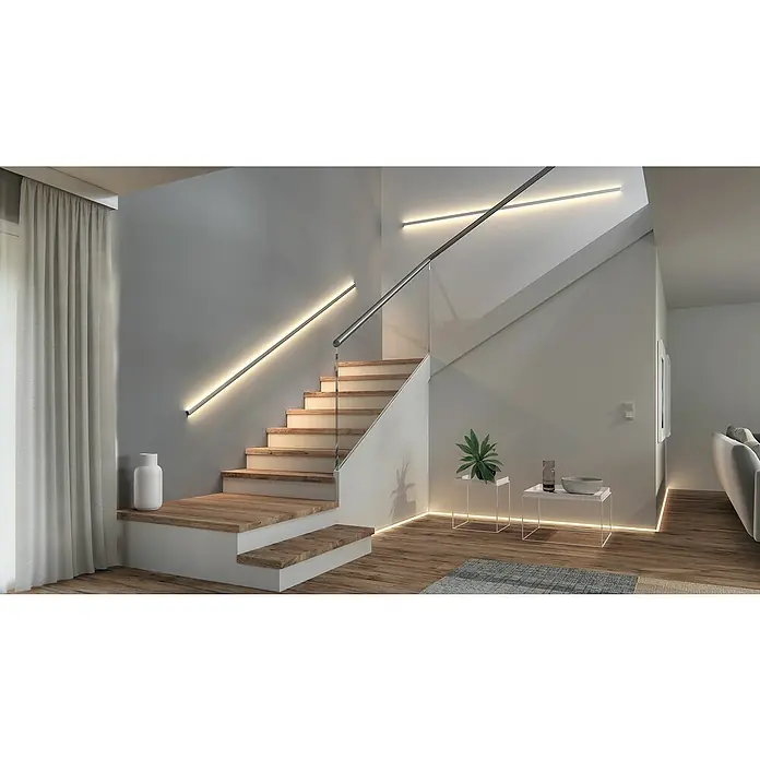 Paulmann MaxLED Clip-Connector Function MaxLED - L x B x H: 3 m x 17,5 mm x 12 mm, Weiß - Modernes Treppenhausdesign mit eleganten LED-Leuchten und Holzstufen, die eine stilvolle und einladende Atmosphäre schaffen.