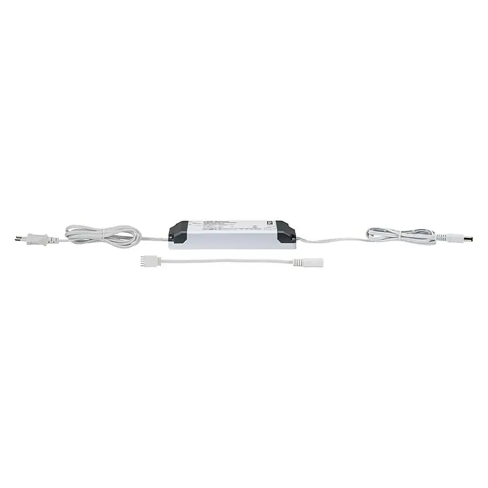 Paulmann MaxLED Alimentación de corriente - An x Al: 52 x 24 mm, Blanco - Imagen de un transformador LED con cables y un enchufe. El controlador LED es blanco con marco negro.