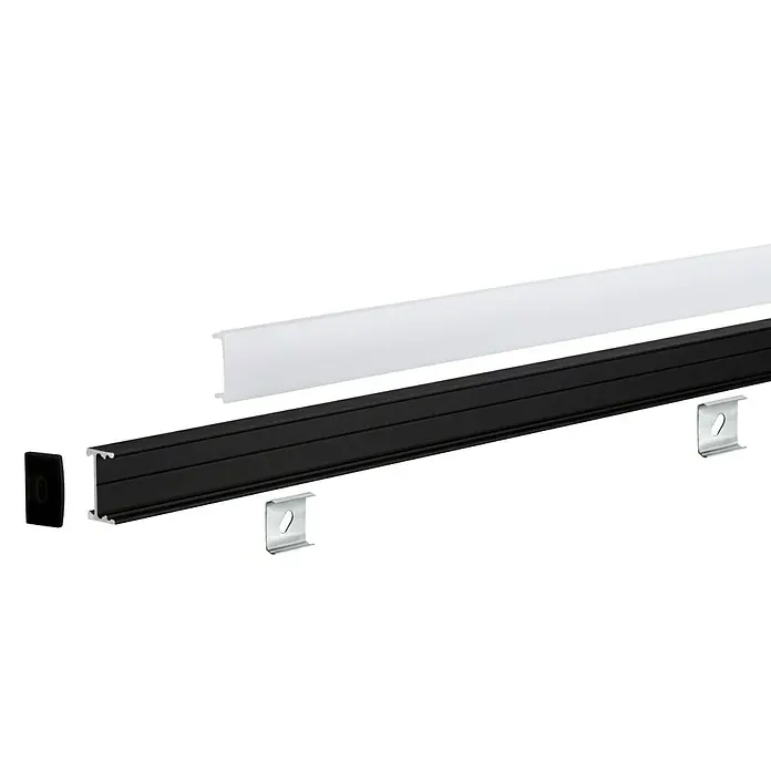 Paulmann Profil Diffusor Square Profil - L x H: 2 m x 15 mm, Schwarz - Das Bild zeigt ein LED-Lichtprofil in Schwarz und Weiß mit Befestigungsclips, ideal für moderne Beleuchtungslösungen im Innenbereich.