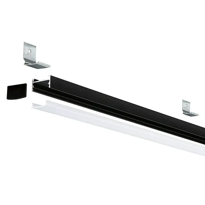 Paulmann Profil Diffusor Square Profil - L x H: 2 m x 15 mm, Schwarz - Eine Nahaufnahme eines LED-Streifens mit schwarzem Gehäuse, einer weißen Abdeckung, Endkappe und Montagehalterungen für die Deckenbefestigung.