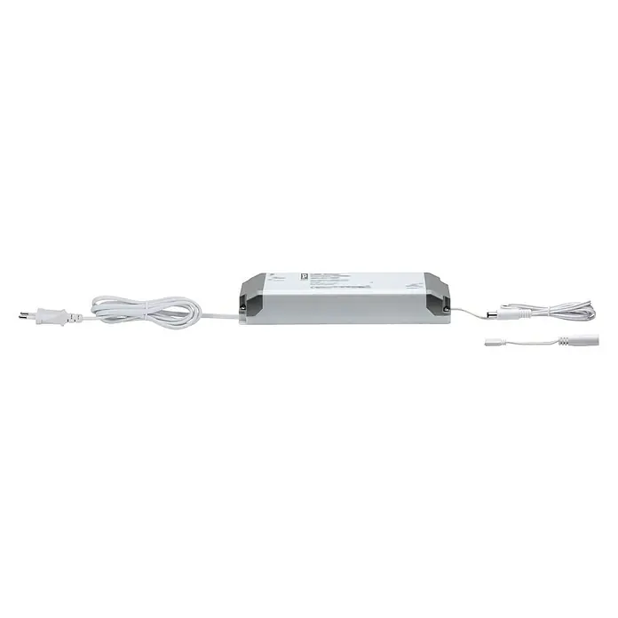 Paulmann MaxLED Stromeinspeisung Function MaxLED - B x H: 210 x 34 mm, Weiß - Eine weiße LED-Treiber-Einheit mit angeschlossenen Kabeln und Steckern auf schwarzem Hintergrund.