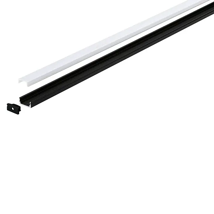 Paulmann Profil Diffusor Base Profil - L x H: 1 m x 9 mm, Schwarz - Abbildung eines LED-Profils in Schwarz und Weiß mit Zubehör, ideal für moderne Beleuchtungslösungen im Innenbereich.