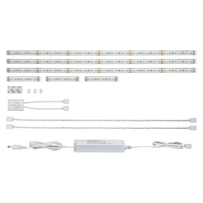 Paulmann LED-Band Function MaxLED - L x H: 180 cm x 3 mm, Silber - Eine Nahaufnahme eines LED-Leuchten-Kits, das mehrere Streifen, Verbinder und ein Netzteil auf einem schwarzen Hintergrund zeigt.