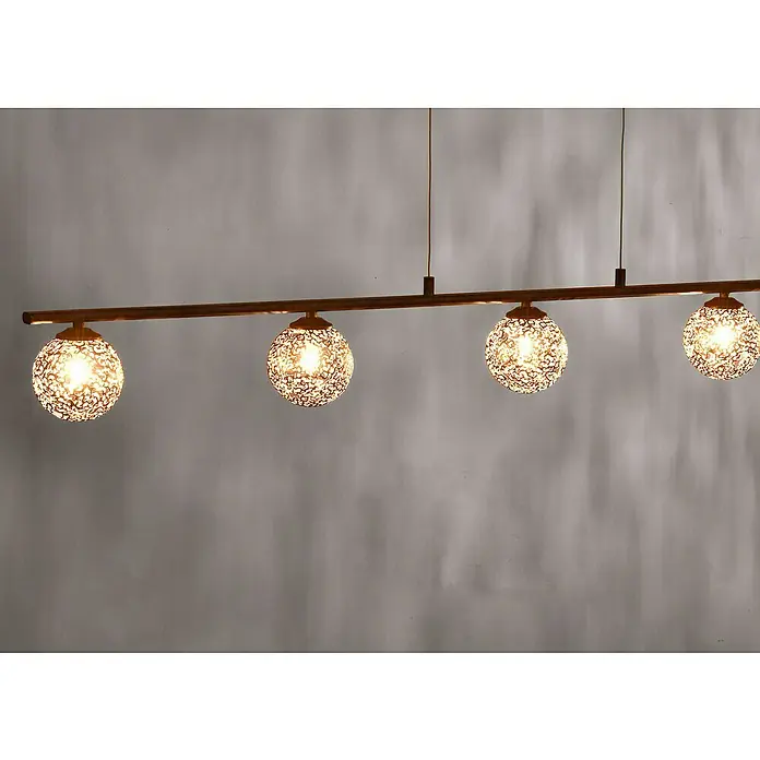 Paul Neuhaus Greta Lámpara colgante - G9, Altura: 150 cm - Una lámpara colgante moderna con cuatro pantallas esféricas decorativas que difuminan una luz cálida, creando un ambiente atmosférico.