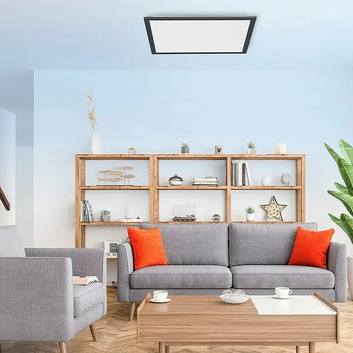Just Light LED-Panel - 28 W, L x B x H: 45,5 x 45,5 x 6,6 cm, Schwarz - Moderne Wohnzimmeransicht mit einer quadratischen LED-Deckenleuchte, die helles, effizientes Licht für den stilvollen Raum bietet.