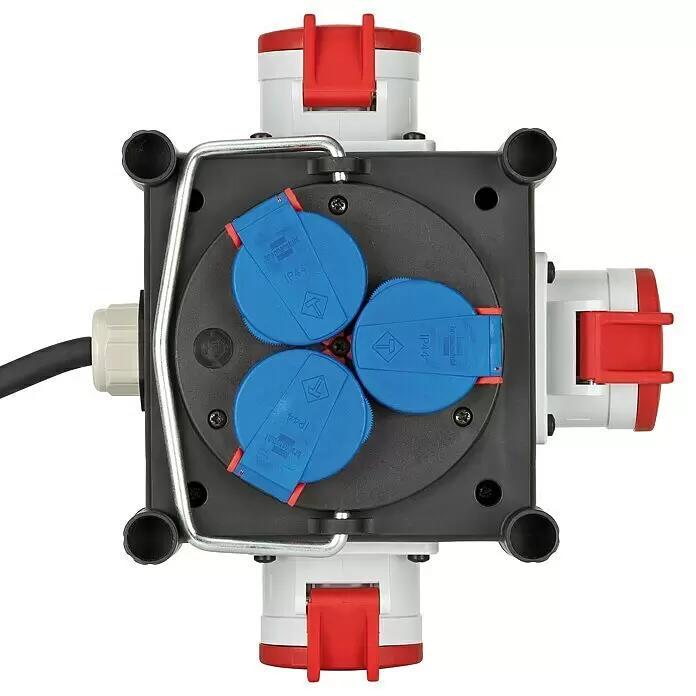 Brennenstuhl Baustromverteiler - Anzahl CEE-Steckdosen: 3 Stk., Anzahl Steckdosen Schuko: 3 Stk., IP44 - Schwarzer Stromverteiler mit drei blauen IP44-Steckdosen, vier rot/weißen CEE-Steckdosen, Kabeleingang und Metallgriff.