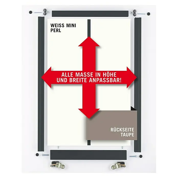 Room Plaza Easy Schiebetür-Bau-Set - Taupe/Weiß Miniperl, Farbe Beschlag: Schwarz - Bild eines anpassbaren Schiebetürschranks in Weiß Mini Perl und Rückseite Taupe.