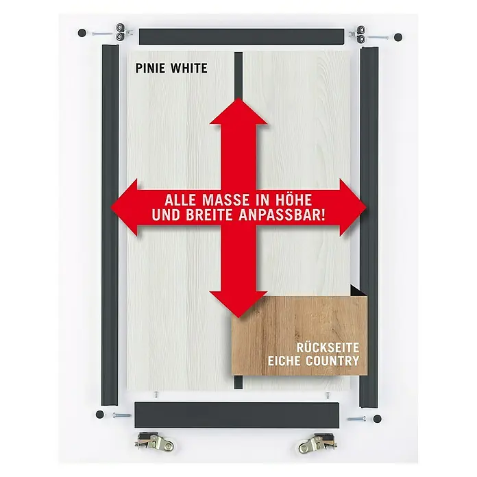 Room Plaza Easy Schiebetür-Bau-Set - Eiche Country/Pinie White, Farbe Beschlag: Schwarz - Produktansicht: Vielseitige Schiebetür mit anpassbaren Maßen in Pinie White und Rückseite Eiche Country für individuelle Gestaltung.