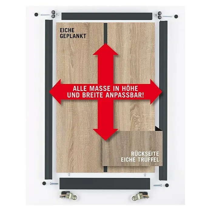 Room Plaza Easy Schiebetür-Bau-Set - Eiche geplankt/Eiche Trüffel, Farbe Beschlag: Schwarz - Das Bild zeigt eine Schiebetür „Eiche geplant“ mit anpassbaren Maßen, inklusive der Rückseite „Eiche Trüffel“.