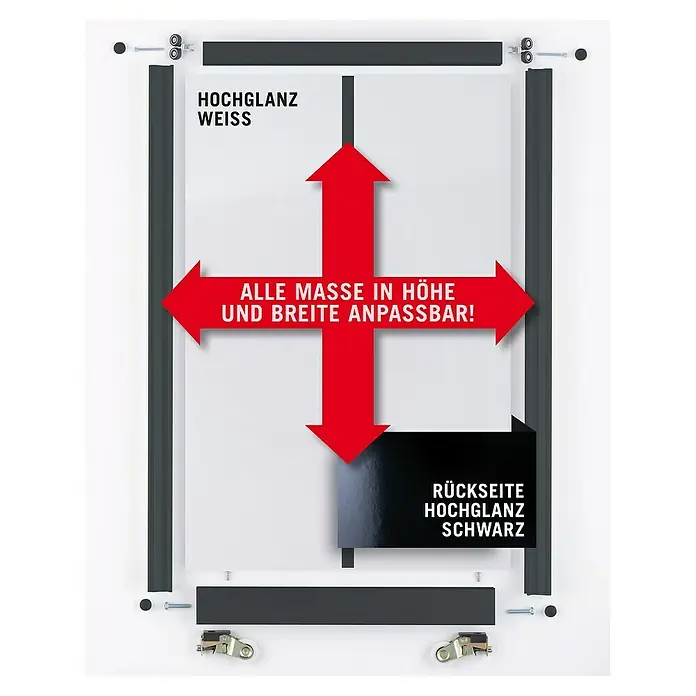 Room Plaza Easy Schiebetür-Bau-Set - Hochglanz Schwarz/Hochglanz Weiß, Farbe Beschlag: Schwarz - Produktbild eines hochglanzweißen und schwarzen, anpassbaren Schranks.