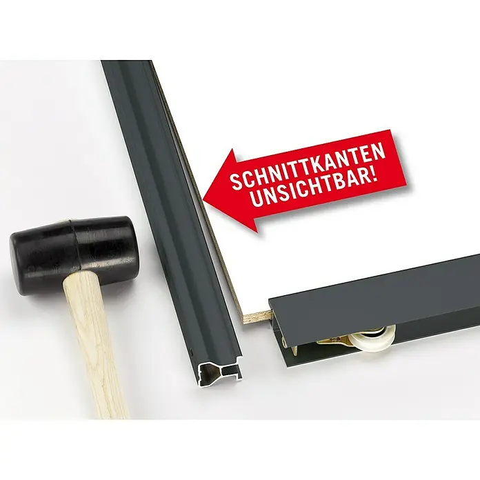 Room Plaza Easy Schiebetür-Bau-Set - Hochglanz Schwarz/Hochglanz Weiß, Farbe Beschlag: Schwarz - Nahaufnahme eines schwarzen Gummischlägels, einer schwarzen Führungsschiene und eines weißen Paneels.