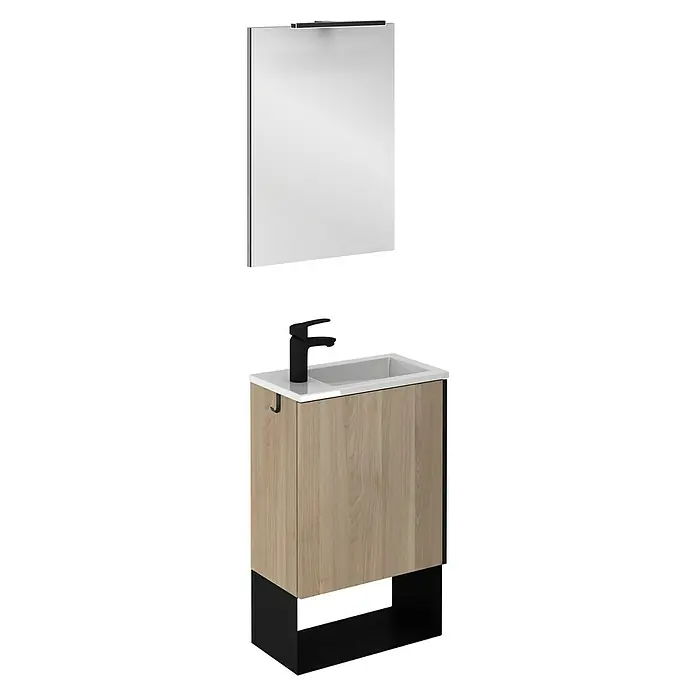 Riva Badmöbel-Set Indus - Gesamtbreite Badmöbel: 45,3 cm, Birke, Matt, 3 -tlg. - Badezimmermöbel-Set mit Waschtischunterschrank in Holzoptik, schwarzer Armatur und Spiegel mit Beleuchtung für ein modernes Badambiente.