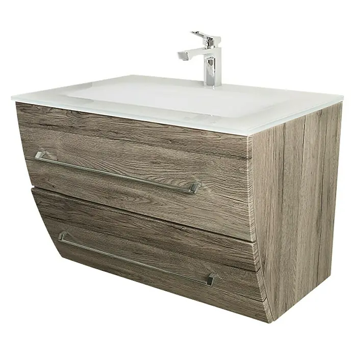 Camargue Orion Waschtischunterschrank - 70,5 x 51 x 52,5 cm, Sanremo Rustico - Elegantes Badezimmer-Waschbecken mit zwei Schubladen und modernem Design. Das Holzdekor und die Chromarmatur verleihen eine stilvolle Note.