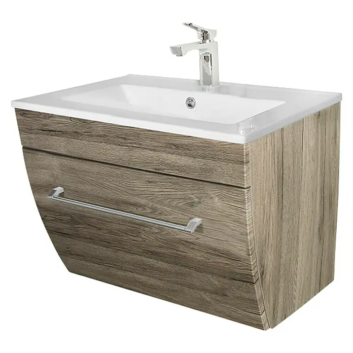 Camargue Orion Waschtischunterschrank - 59,7 x 45,5 x 52,5 cm, Sanremo Rustico - Waschtischunterschrank mit Holzstruktur und Handtuchhalter. Das Waschbecken ist aus weißem Material und mit einem modernen Wasserhahn ausgestattet.