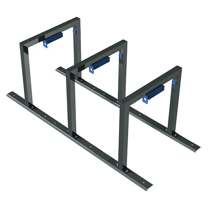 Schake Fahrrad-Anlehnbügel - B x H: 80 x 80 cm, Passend für: 6 Fahrräder, Beidseitige Radeinstellung - Abbildung eines modularen Lastregals, das aus robustem Stahl gefertigt und mit blauen Befestigungselementen für zusätzliche Stabilität versehen ist.