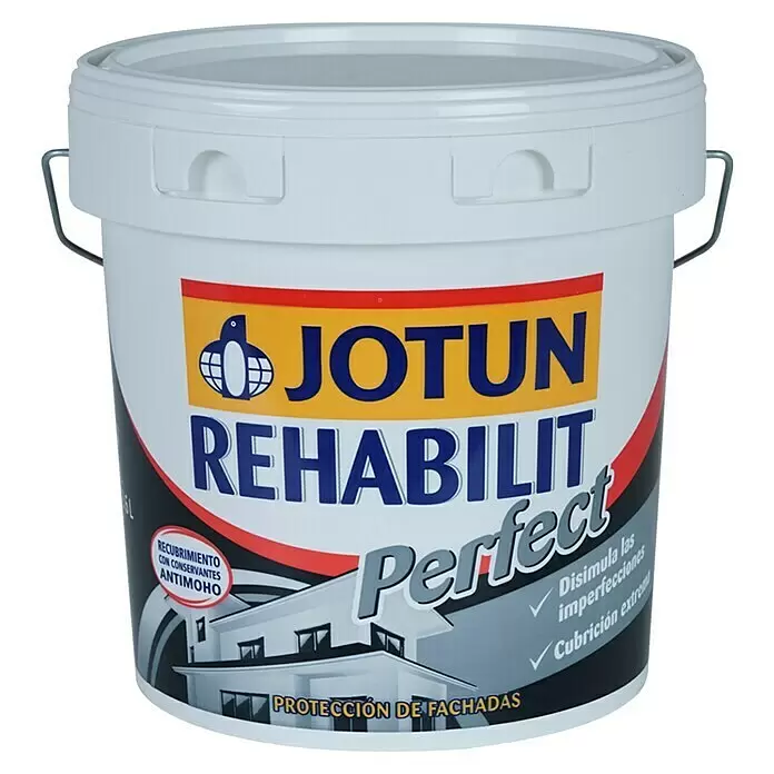 Jotun Rehabilit Revestimiento Ultimate - Blanco, 15 l, Base A - Cubo de pintura Jotun Rehabilit Perfect blanco de plástico con asa metálica, para fachadas y antimoho.