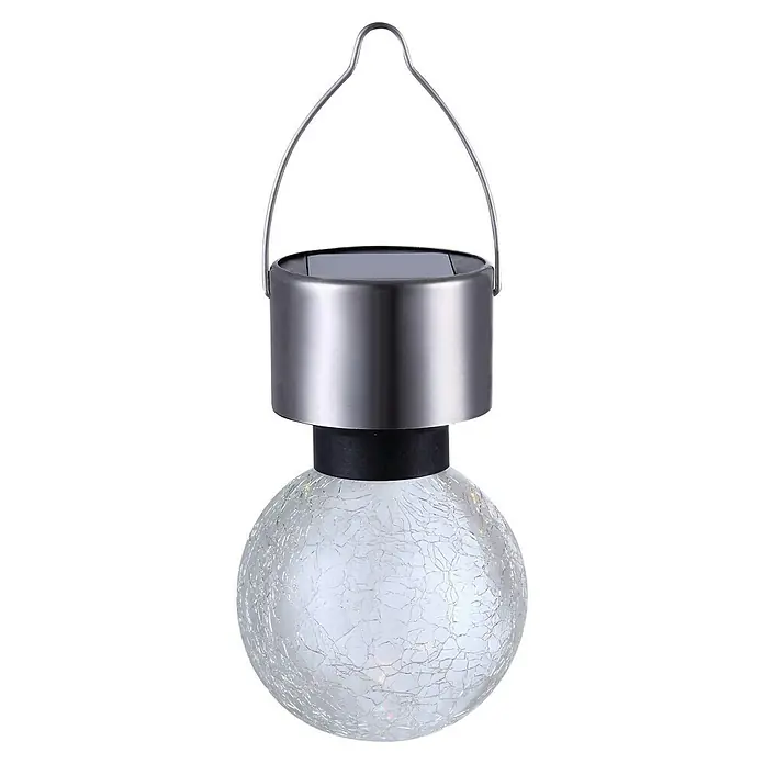 BAUHAUS Lámpara solar colgante - Níquel, Claro, IP44 - Esta linterna solar presenta una esfera de vidrio craquelado y un asa de metal para colgar, ideal para la decoración del jardín.
