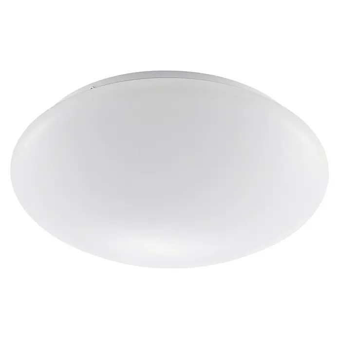 Tween Light LED-Deckenleuchte rund Eco - 24 W, Ø x H: 35 x 8,5 cm, Opal/Weiß, Warmweiß - Nahaufnahme einer runden, weißen Deckenleuchte vor einem schwarzen Hintergrund, die ein sanftes und diffuses Licht ausstrahlt.