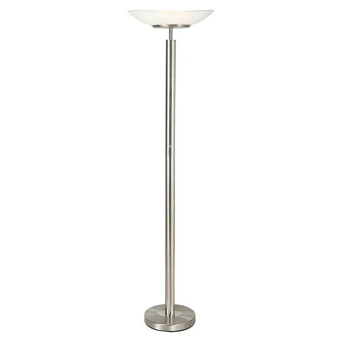 Tween Light LED-Deckenfluter Space - 180 cm, Warmweiß - Elegante Stehlampe mit einem schlanken, silberfarbenen Ständer und einem weißen Lampenschirm, ideal für moderne Wohnräume.