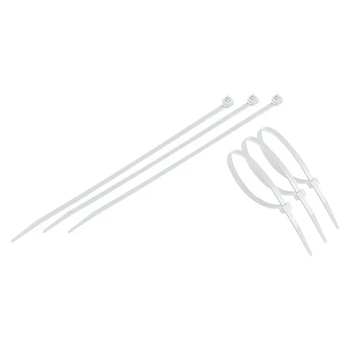 Set de bridas para cables - Plástico, Blanco - Varias bridas blancas en varias posiciones, utilizadas para organizar y sujetar cables e hilos.