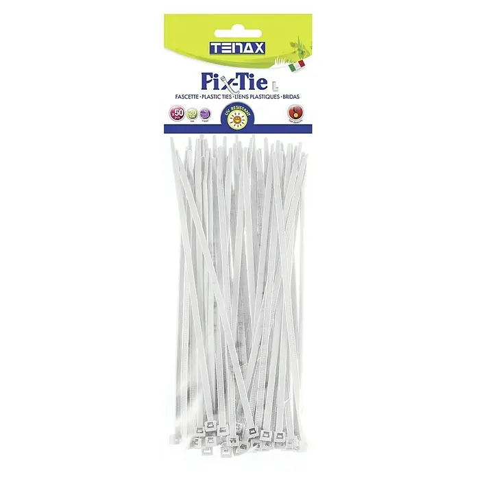 Set de bridas para cables - Plástico, Blanco - Un paquete de bridas Tenax Fix-Tie, ideales para agrupar y asegurar cables y otros artículos, resistentes a los rayos UV para uso en exteriores.
