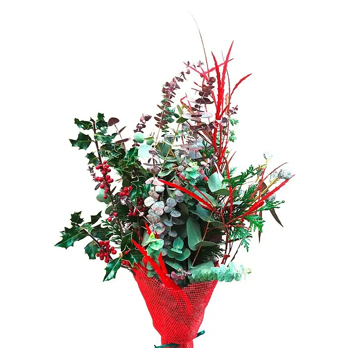 Piardino Eucalipto - Eucalyptus - Ramo festivo con acentos rojos, eucalipto y acebo, dispuesto en una red roja, ideal como decoración de mesa para la época navideña.