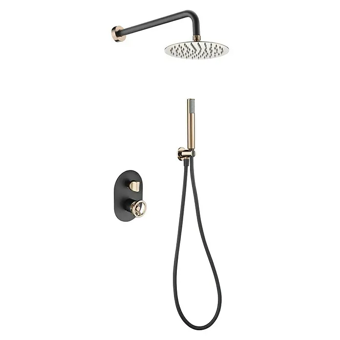 Imex Olimpo Sistema de ducha empotrado - Con grifo monomando, Negro/Oro rosa - Sistema de ducha negro y dorado con rociador de lluvia, teleducha y termostato para una experiencia de baño lujosa.