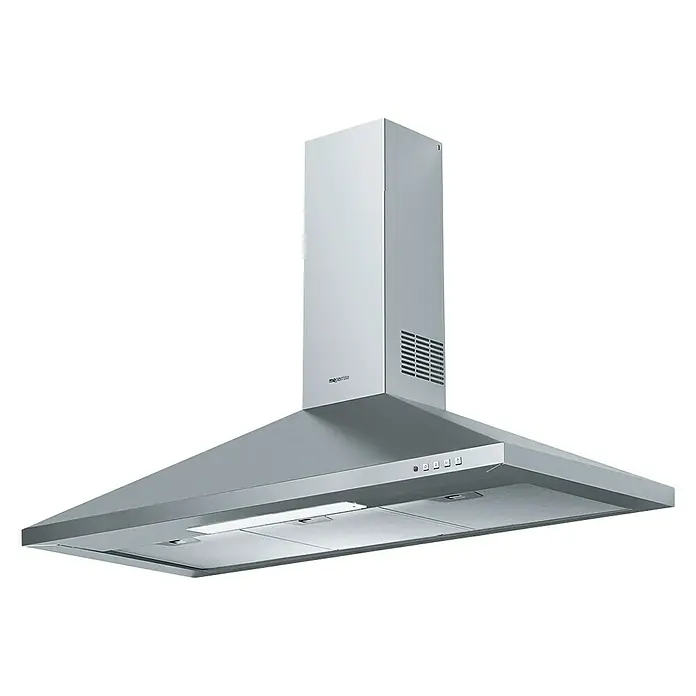 Mepamsa Campana de pared Gavia - Ancho: 90 cm, Máx. Potencia del ventilador en modo extracción: 650 m³/h, Acero inoxidable - Se muestra una campana extractora de acero inoxidable, con iluminación brillante e interruptores de control en la parte inferior.