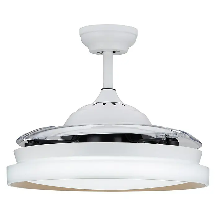 Philips Ventilador de techo Bliss Gold - Oro, 51 cm, 48 W, Blanco cálido - Primer plano de un ventilador de techo blanco moderno con iluminación integrada. Ideal para un diseño de interiores elegante.