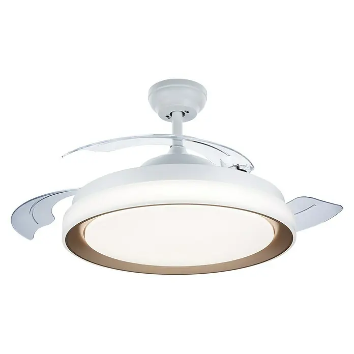Philips Ventilador de techo Bliss Gold - Oro, 51 cm, 48 W, Blanco cálido - Lámpara de techo moderna con función de ventilador. La fuente de luz es redonda con un borde color bronce y palas de rotor transparentes.